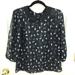 Marks & Spencer Sheer Cat-Print Peter Pan Collar Blouse Black US 8 Halloween